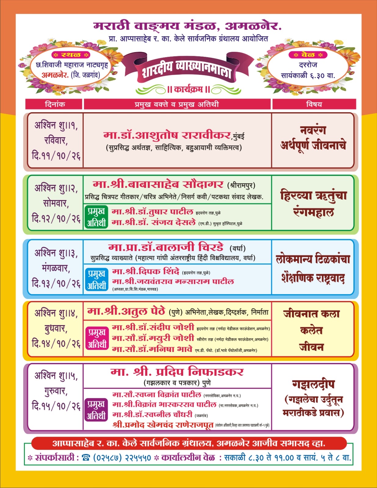 साहित्य, कला, अर्थकारण अन् राष्ट्रवादाचा संगम; अमळनेरात उद्यापासून शारदीय व्याख्यानमाला  अर्थतज्ज्ञ डॉ. आशुतोष रारावीकर, गीतकार बाबासाहेब सौदागर, नाट्यकर्मी अतुल पेठे यांच्यासह नामवंत वक्त्यांची मांदियाळी; ११ ते १५ ऑक्टोबरदरम्यान वैचारिक मेजवानी