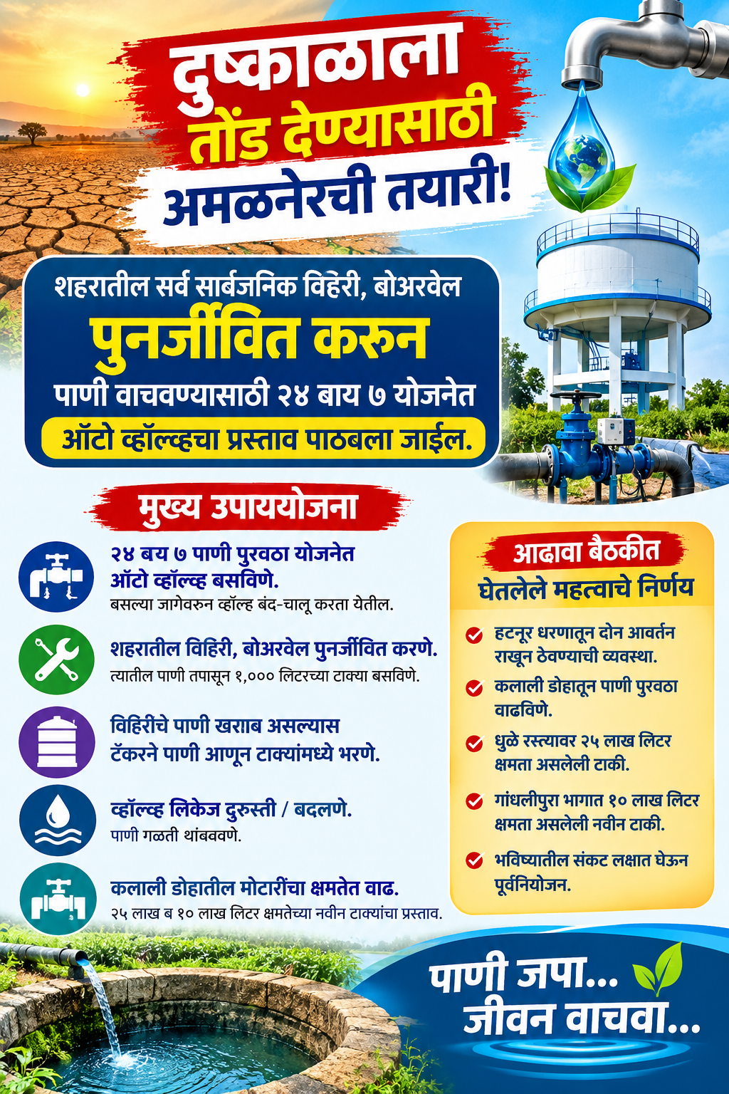 दुष्काळाचे संकट गडद; अमळनेरच्या पाणीपुरवठ्यासाठी युद्धपातळीवर नियोजन!  सार्वजनिक विहिरी-बोअरवेल पुनर्जीवित करणार; २४ बाय ७ योजनेत ऑटो व्हॉल्व्हचा प्रस्ताव, नव्या जलकुंभांचीही तयारी